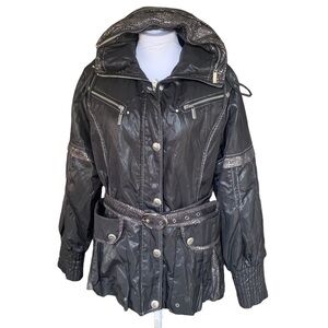 Vintage Y2K Black Nylon Moto Style Metallic Belted Hooded Jacket Sz M